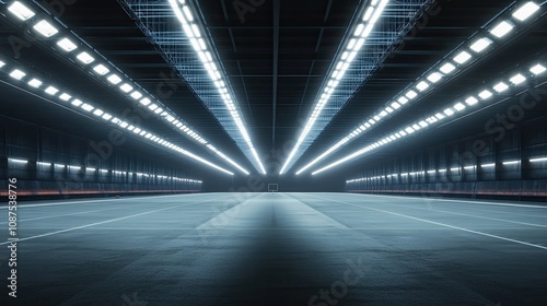 Inside an empty American football stadium, symmetrical lights shine down from the ceiling. American football banner, competition, sport photo