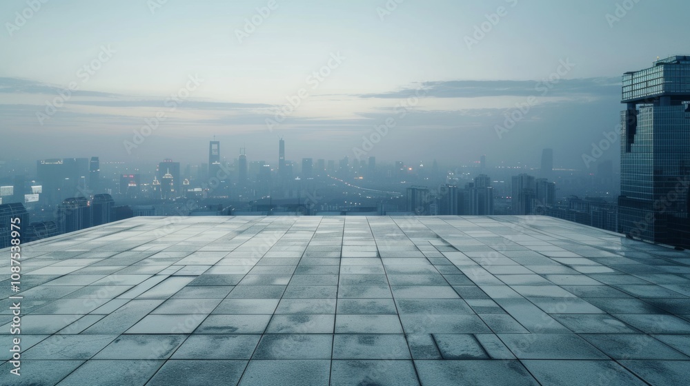 Fototapeta premium Empty square floor with city skyline background, Urban intersection with architectural diversity, dynamic composition