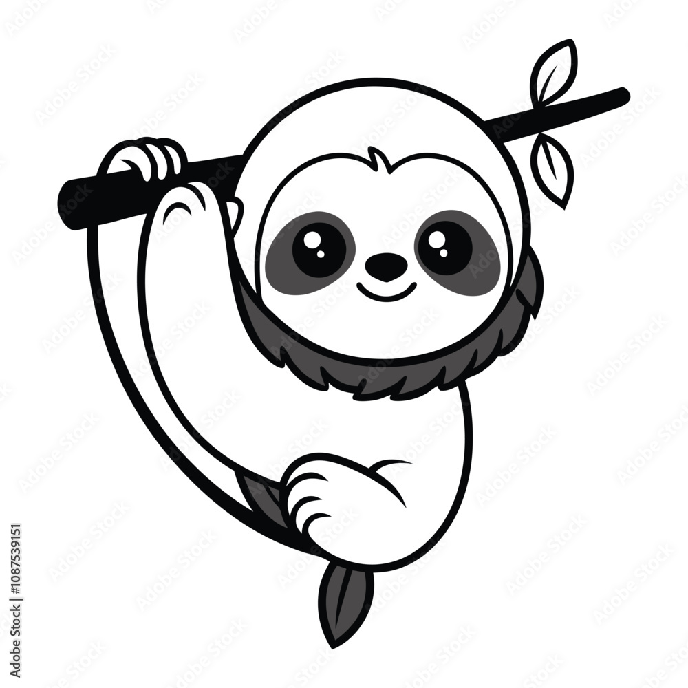 Cute Black and White Vector Illustration of a Baby Sloth Hanging on a Branch Cute Black and White Vector Illustration of a Baby Sloth Hanging on a Branch