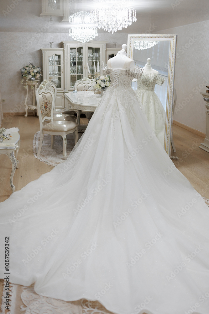 A long white gown is displayed in a room with a mirror and a table. The gown is long and flowing, and it is the centerpiece of the room. The room is decorated with white furniture and has a clean A long white gown is displayed in a room with a mirror and a table. The gown is long and flowing, and it is the centerpiece of the room. The room is decorated with white furniture and has a clean