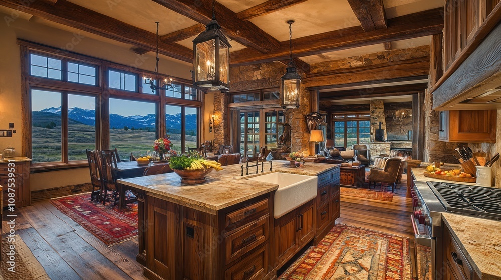 Mountain View Rustic Kitchen Island and Dining Area Mountain View Rustic Kitchen Island and Dining Area