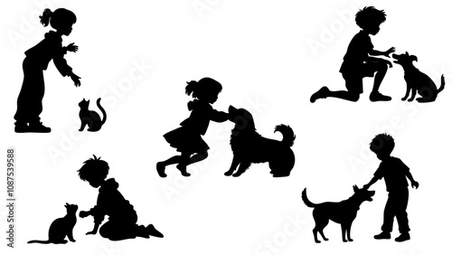 Stylish silhouette set of kids playing with pets