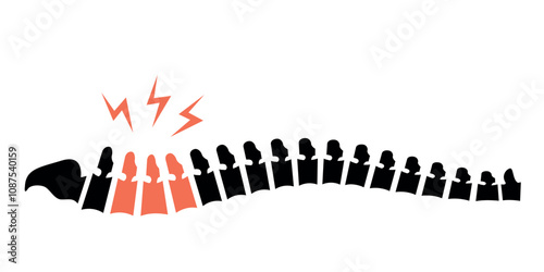 Spine illustration highlighting pain areas with red lightning bolts