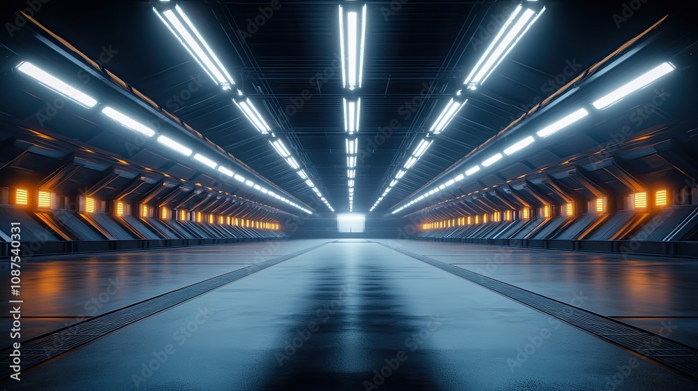 Inside an empty American football stadium, symmetrical lights shine down from the ceiling. American football banner, competition, sport Inside an empty American football stadium, symmetrical lights shine down from the ceiling. American football banner, competition, sport