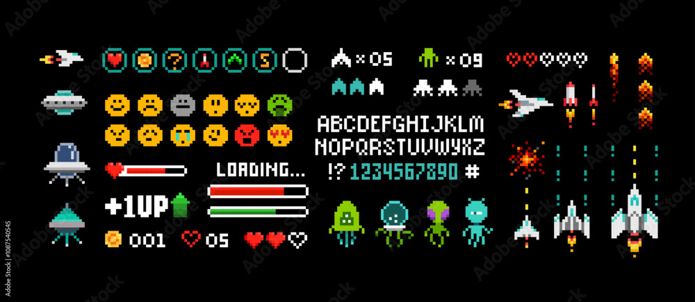 Pixel Art 8 bit arcade game elements with icons and font alphabet. Ufo aliens, space ships, rockets, . Vintage 8 bit computer game. Retro video game sprites. Pixelated Space arcade. Vector template Pixel Art 8 bit arcade game elements with icons and font alphabet. Ufo aliens, space ships, rockets, . Vintage 8 bit computer game. Retro video game sprites. Pixelated Space arcade. Vector template