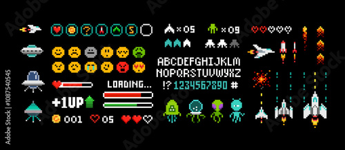 Pixel Art 8 bit arcade game elements with icons and font alphabet. Ufo aliens, space ships, rockets, . Vintage 8 bit computer game. Retro video game sprites. Pixelated Space arcade. Vector template