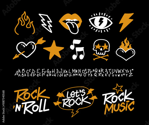 Rock'n'roll Party doodle collection and type font alphabet with signs and symbols vector template. Street Art doodle type font. Punk Rock style elements collection for tee print and textile design