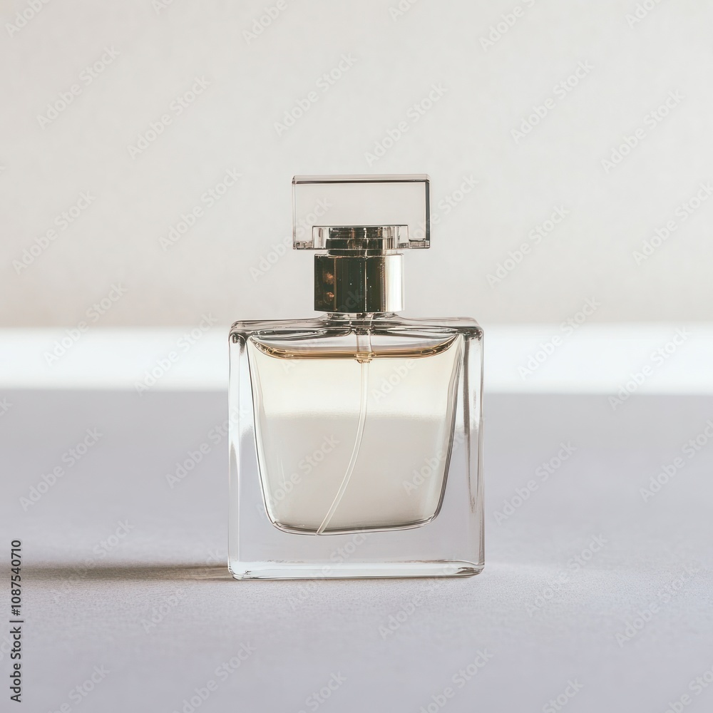 A clear glass perfume bottle with a minimalist design, showcasing its elegant contents. A clear glass perfume bottle with a minimalist design, showcasing its elegant contents.
