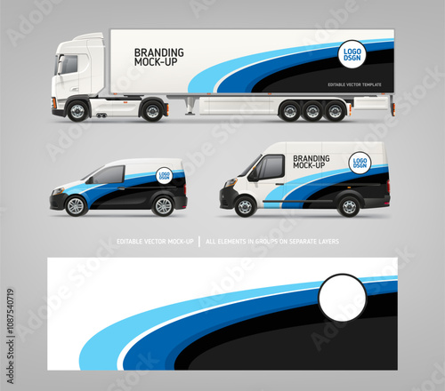Realistic Van, Truck trailer mockup set with branding design. Abstract graphics of blue stripes decal design for transport. Branding vehicle. Horizontal AD banner. Editable vector template