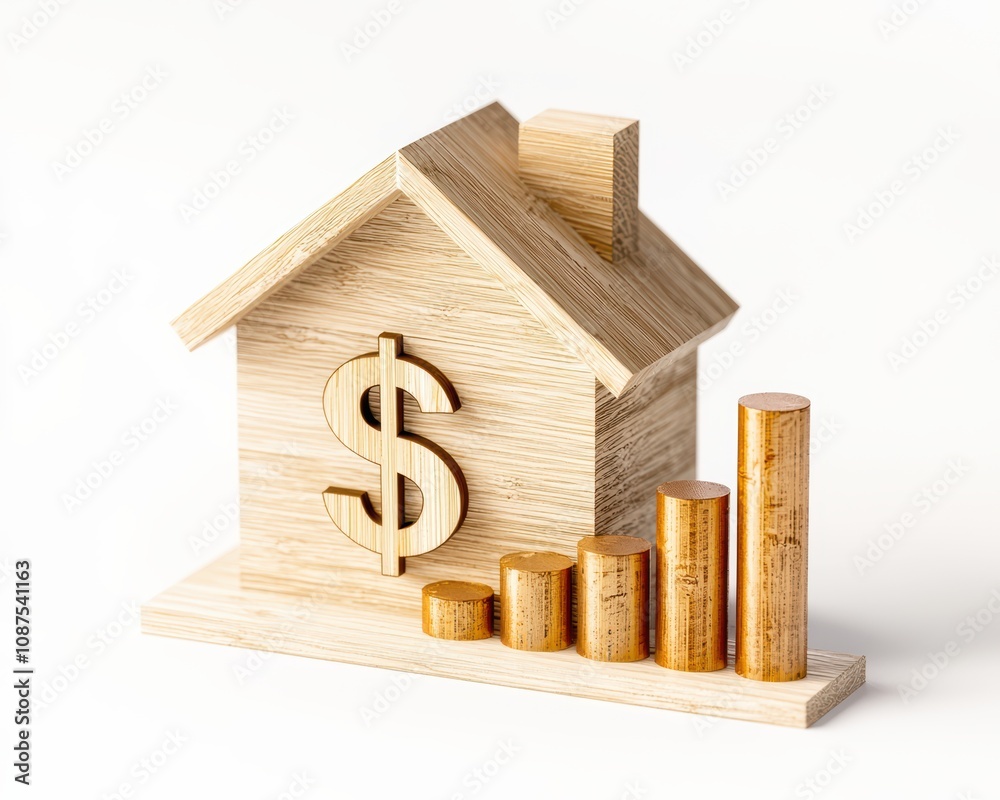 A wooden model of a house with a dollar sign and a rising bar graph represents financial growth in real estate. A wooden model of a house with a dollar sign and a rising bar graph represents financial growth in real estate.