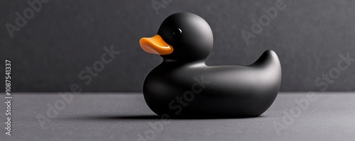 A sleek black rubber duck with an orange beak, set against a dark background, showcasing a modern and minimalist design. photo