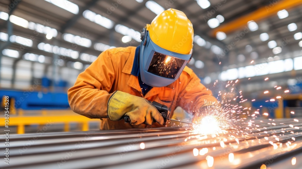 Worker Welding Metal in Bright Industrial Workshop Worker Welding Metal in Bright Industrial Workshop