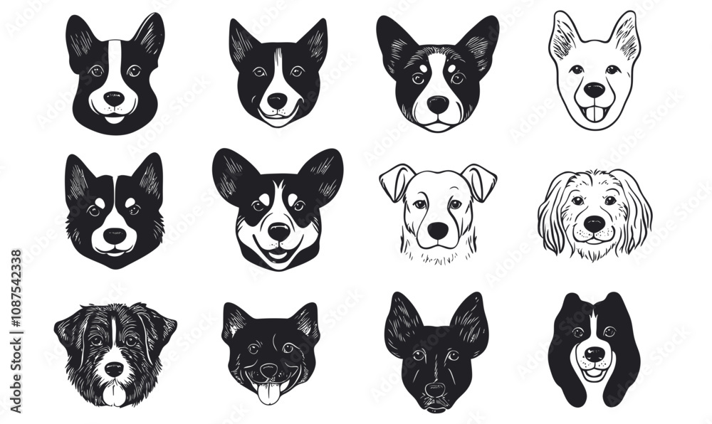 Fototapeta premium Doodle Style Dog Breed Head Illustrations Vector Set for Pet Lovers and Designers