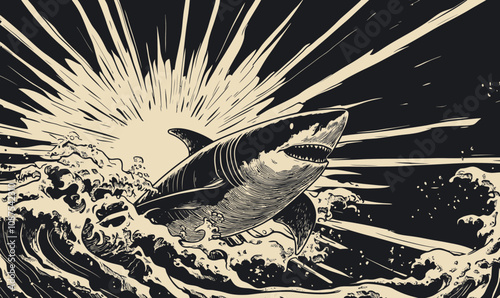 Fierce Shark in Bold Ocean Waves with Sun Rays Engraving Style Vector Illustration