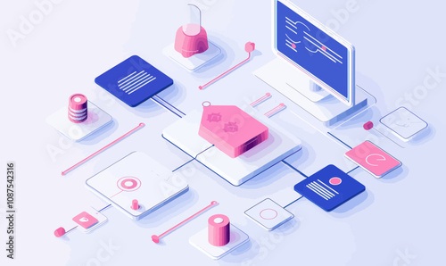 Isometric Flowchart of AI Content Creation with Data and Technology Elements