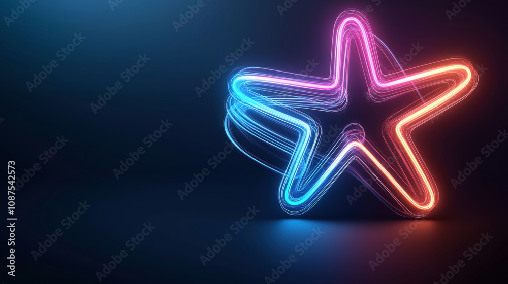 Glowing neon star shape composed of vibrant light trails against a dark gradient background, featuring multiple colors including blue, pink, and orange, creating a dynamic and futuristic look. Glowing neon star shape composed of vibrant light trails against a dark gradient background, featuring multiple colors including blue, pink, and orange, creating a dynamic and futuristic look.