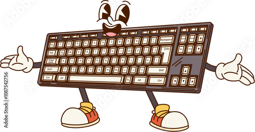 Groovy computer keyboard character in retro cartoon, vector comic personage. Groovy funny old keyboard from PC computer with happy smile and silly laughing face for funky cartoon retro character