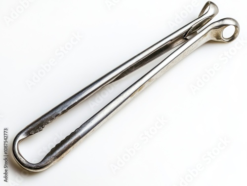 A metallic food tongs used for gripping and serving food items.