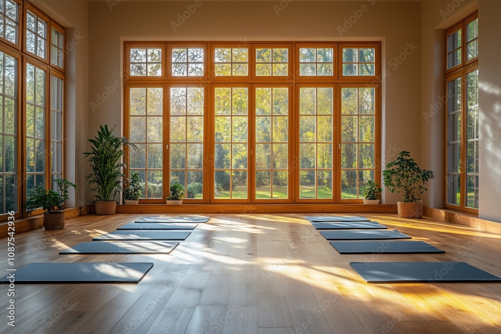 Fototapeta premium Natural light fills a spacious yoga studio, casting a serene glow on rows of yoga mats set on a polished hardwood floor, with a tranquil park view
