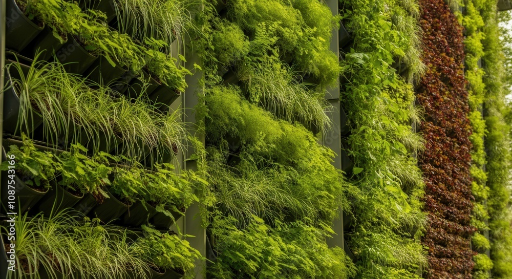Fototapeta premium Lush vertical garden wall with vibrant green plants