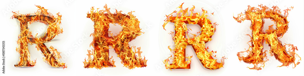 Collection of Fire and burning flames R letter isolated on transparent or white background Collection of Fire and burning flames R letter isolated on transparent or white background