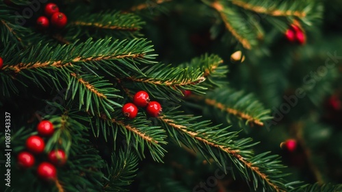 Holiday greeting card with evergreen branches and berries