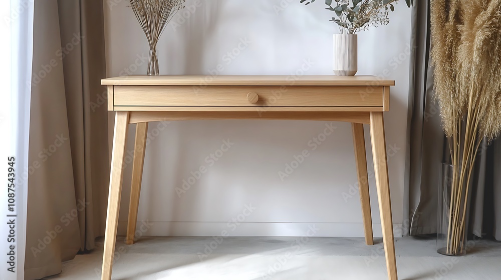 Light wood desk with single drawer, minimalist design, sits on light floor near curtains and dried flowers.