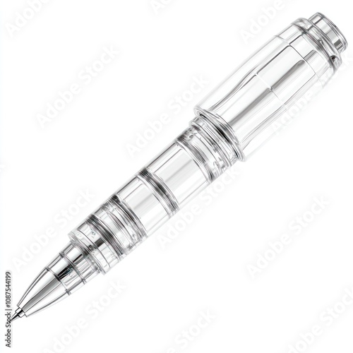 A clear, modern pen designed for writing with a sleek, transparent look.