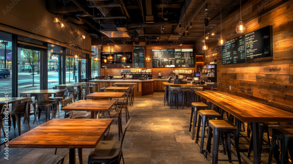 The space features wooden tables, hanging lights, and a clean aesthetic that invites customers. The space features wooden tables, hanging lights, and a clean aesthetic that invites customers.