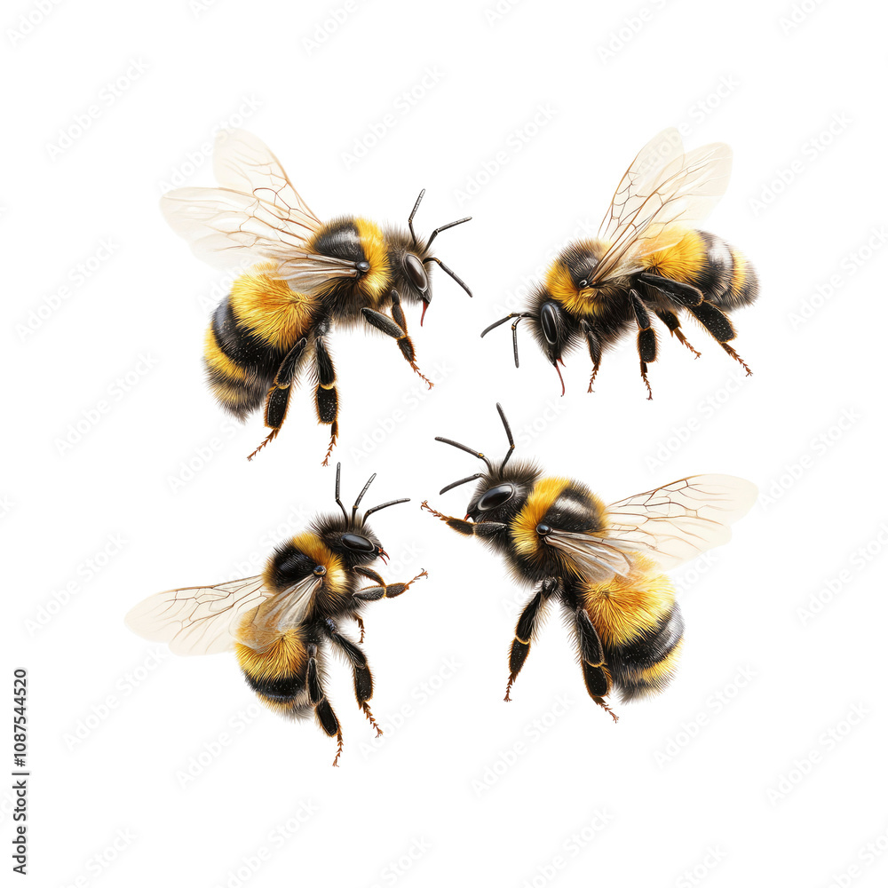 Four Bumblebees in Flight, Close-Up Studio Shot