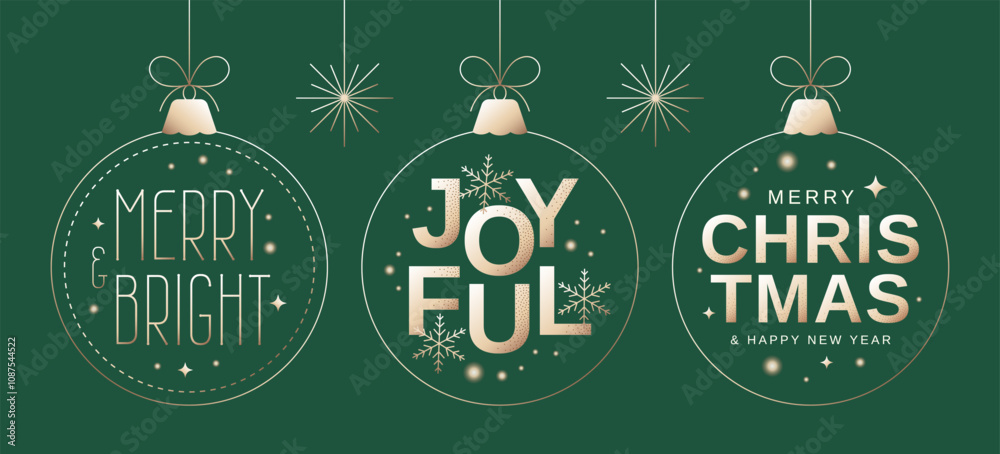 Naklejka premium Set of golden Christmas baubles with greetings. Merry Christmas, Joyful, Merry and Bright. Vector illustration