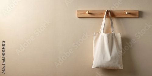 A plain white tote bag hangs on a wooden hook against a light beige wall.