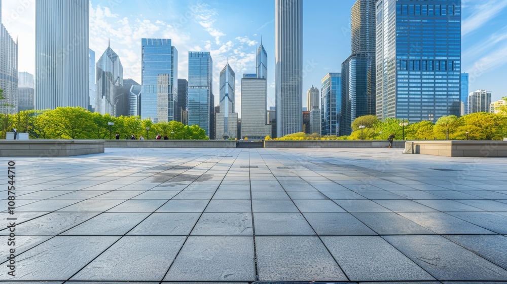 Fototapeta premium Empty square floor with city skyline background, City intersection without traffic, symmetrical layout