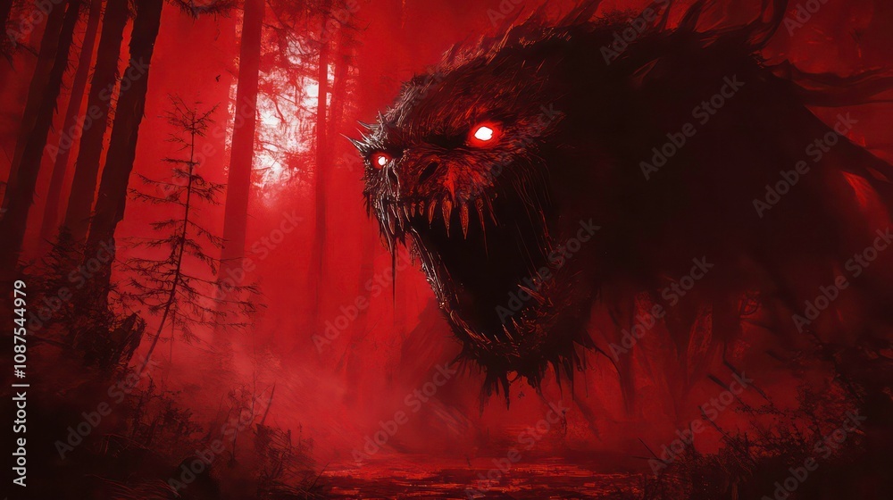 A monstrous creature with glowing red eyes roars in a blood red forest. A monstrous creature with glowing red eyes roars in a blood red forest.