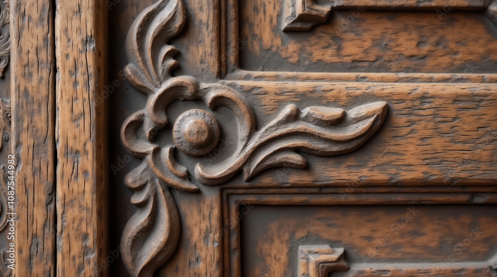 Detailed wooden carving on an antique door panel Detailed wooden carving on an antique door panel