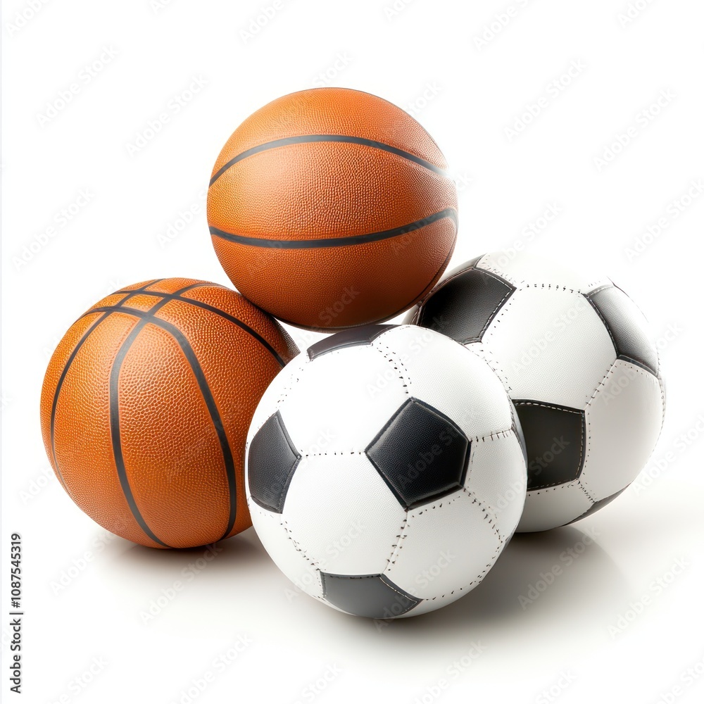 A collection of basketball and soccer balls arranged together.
