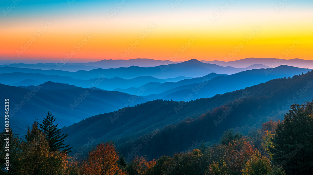 Rolling hills and mountain ranges at sunset Rolling hills and mountain ranges at sunset