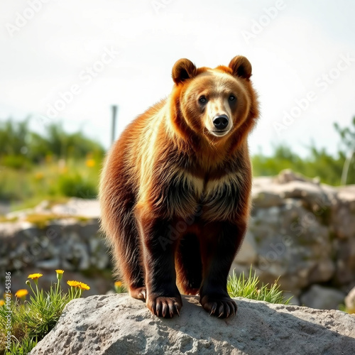 A young brown bear standing on a rock, surrounded by lush summer nature