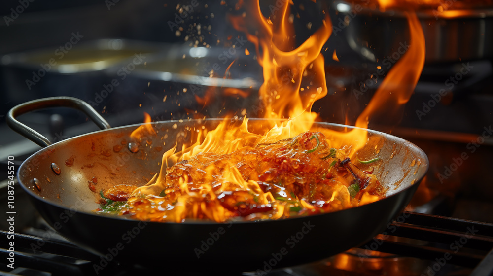 Frying pan with fire, cooking food. Frying pan with fire, cooking food.
