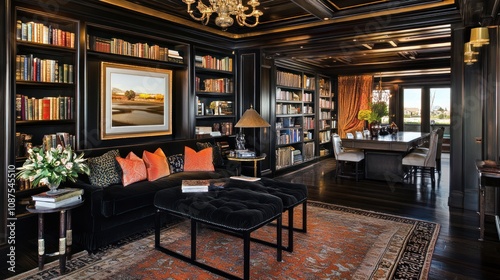 Luxurious Dark Wood Library With Comfortable Seating And Extensive Bookshelves