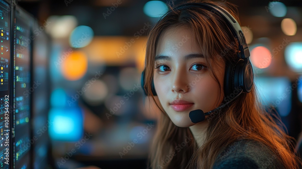 A female technician monitors systems while wearing a headset in a busy tech environment A female technician monitors systems while wearing a headset in a busy tech environment