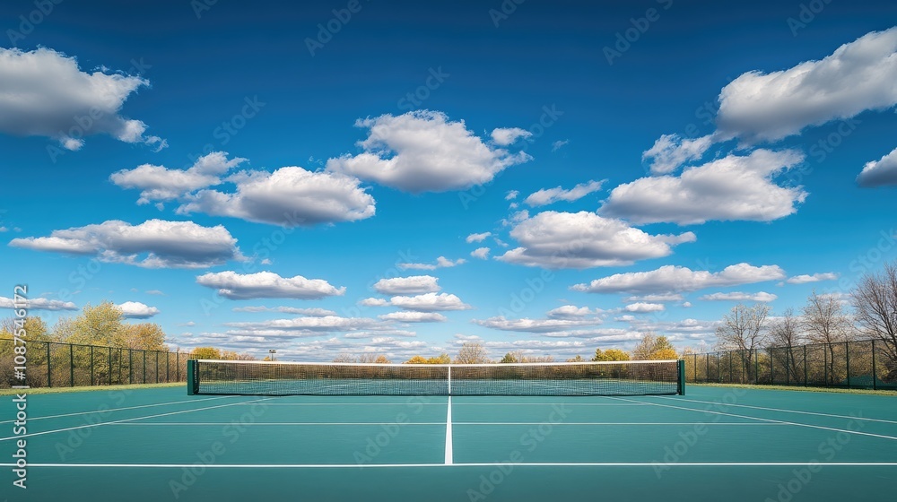 Empty synthetic tennis court, neat lines and taut net, under a blue sky with puffy clouds. Empty synthetic tennis court, neat lines and taut net, under a blue sky with puffy clouds.