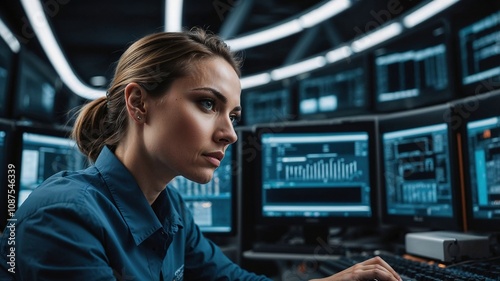 Engineer in data center oversees high-tech servers.