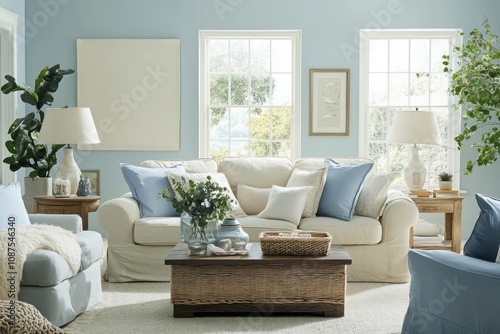 A serene living room with soft blues and neutral tones, featuring comfortable furniture and natural light.