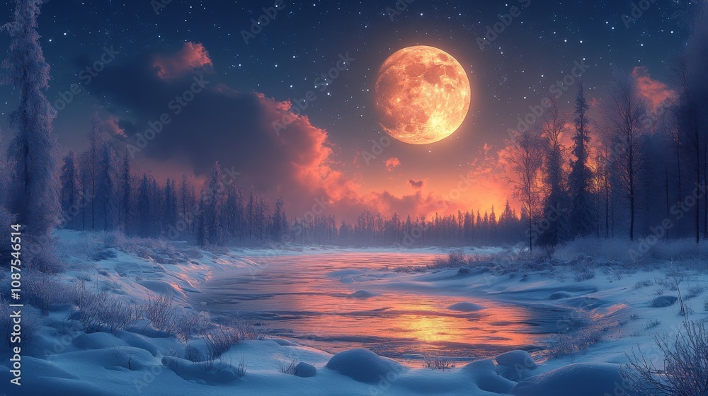 Fototapeta premium Winter Moonlit Serenity Tranquil Landscapes Under a Starry Sky