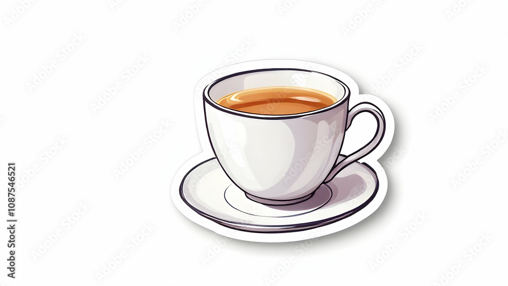 A cartoonstyle illustration of a white teacup and saucer filled with a light brown beverage, presented as a sticker graphic on a white background. A cartoonstyle illustration of a white teacup and saucer filled with a light brown beverage, presented as a sticker graphic on a white background.