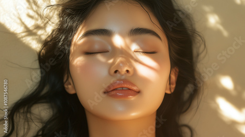 Captivating close-up of a serene woman with flawless skin, bathed in dappled sunlight, exuding elegance and tranquility in a summer-inspired aesthetic.