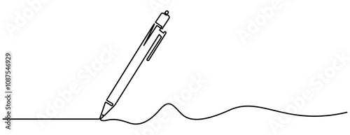 Pen Signature Continuous Line Icon. Continuous one line drawing writing pen isolated minimalist linear illustration made of single line vector illustration. One continuous line drawing of pen writing 