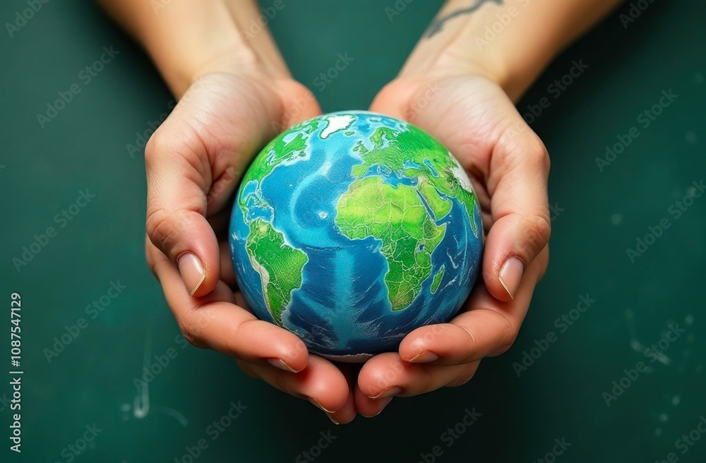 Two hands hold a small globe, symbolizing dedication to global awareness and environmental protection Two hands hold a small globe, symbolizing dedication to global awareness and environmental protection