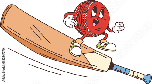 Cartoon retro groovy cricket ball character and bat, vector sport comic emoji. Groovy funny cricket ball with happy face riding a bat for goal, sport game and club funky character in retro cartoon